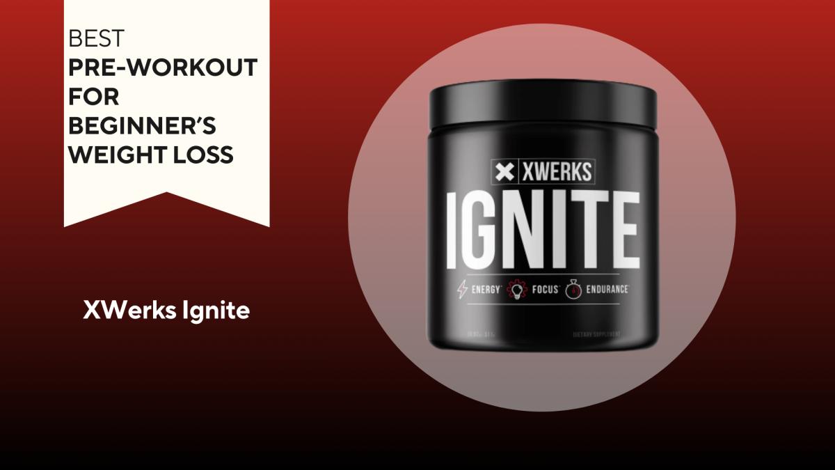 A red background with a banner reading "Best Pre-Workout for Beginner's Weight Loss" next to a black container that says XWerks Ignite in white text